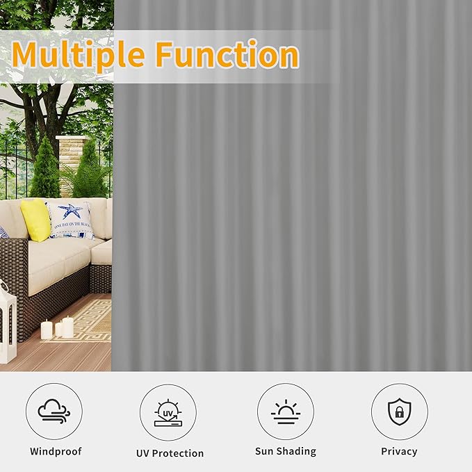 Easy-Going Outdoor Patio Curtains Detachable Tab Top Windproof Weatherproof Curtain for Cabana, Porch, Pergola and Gazebo, Tab Bottom Drape, 2 Panels, 110W x 108L inch, Light Grey