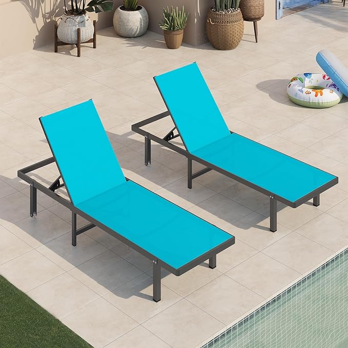 Aluminum Outdoor Lounge Chairs Set of 2, Pool Lounge Chairs with Wheels and 5-Position Recliner -Easy to Move- Patio Chaise Lounge Outdoor for Poolside, Deck, Beach (Lakeblue)