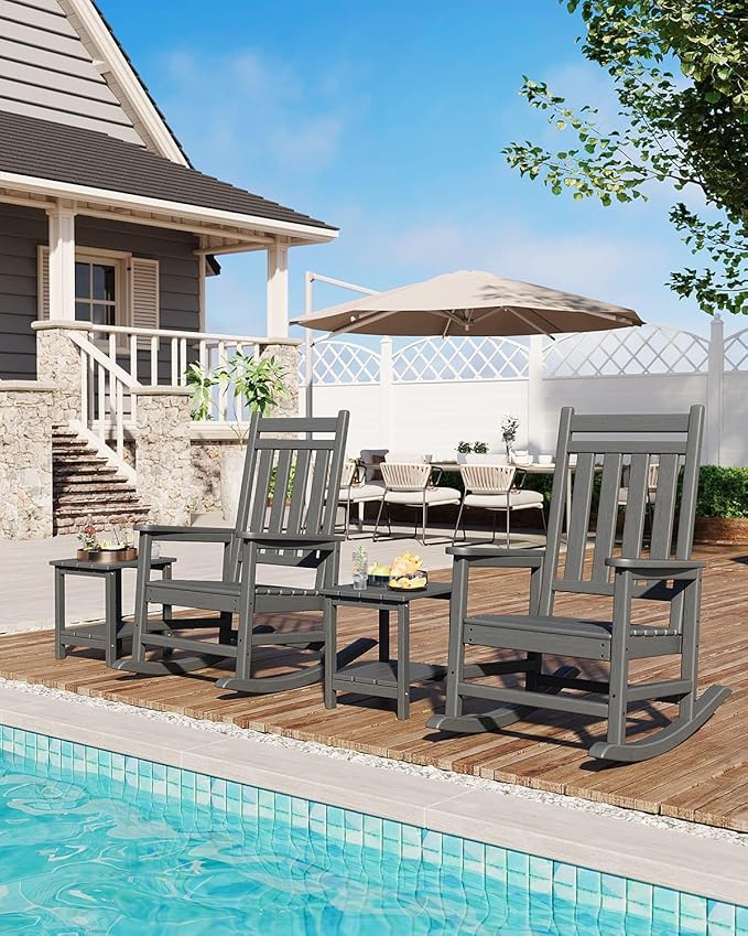 HDPE Rocking Chair Outdoor Set of 2 - Poly High Back Porch Rocker Chairs for Adults - All Weather Resistant Furniture for Patio Front Porch - Gray
