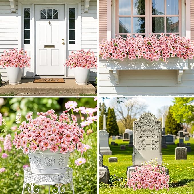 MACTING 24 Bundles Artificial Flowers for Outdoors Fake Flowers UV Resistant Faux Plastic Plants No Fade for Planters Window Box Patio Porch Garden Home Indoor Outdoor Spring Decorations,Pink