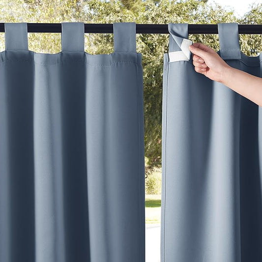 NICETOWN 2 Panels Outdoor Curtainss for Patio Waterproof Extra Wide, Detachable Tab Top Room Darkening Indoor Outdoor Slider Sun & Cold Block for Gazebo/Balcony, Stone Blue, W84 x L84