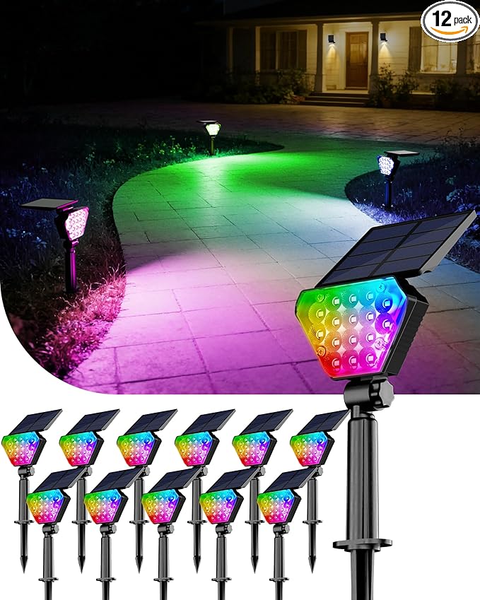 T-SUN Solar Spotlights Outdoor, Color Changing Landscape Lights, Halloween Lights Outdoor IP65 Waterproof Landscape Lighting Auto On/Off for Garden Yard Lawn Pathway, 12-Pack
