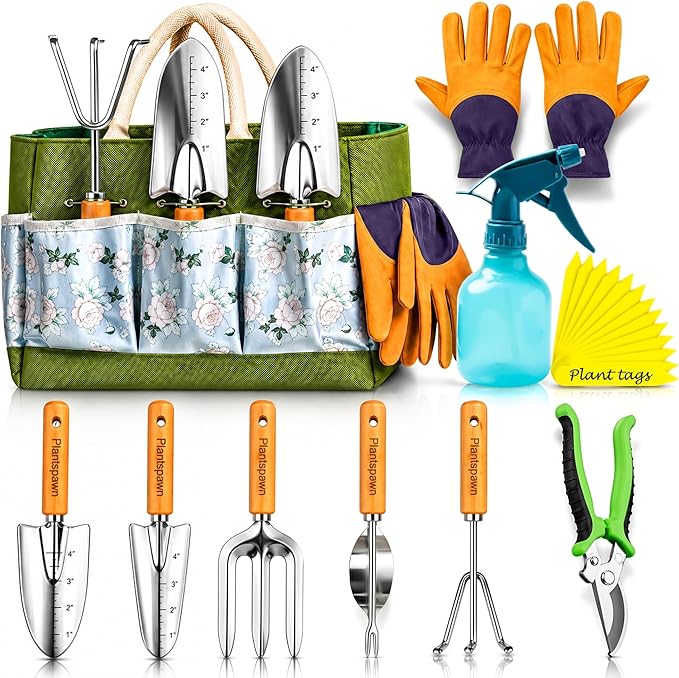 Gardening Tools Set with Organizer Handbag 9-Piece, Heavy‑Duty Rust‑Proof Garden Hand Tools, Wooden Handles,15 Plant Tags, Ideal Gardening Gift for Men & Women