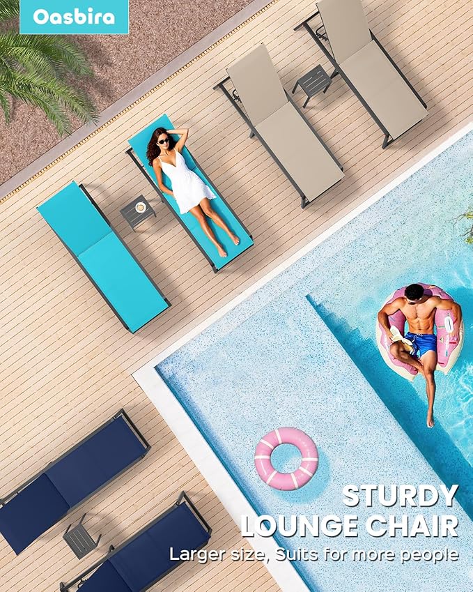 Aluminum Chaise Lounge Outdoor Set of 2, Foldable & Assembly Free Patio Pool Lounge Chairs 5-Position Recliner for Outside Poolside, Fully grounded legs Sun Lounger for Beach, Yard, Bright White