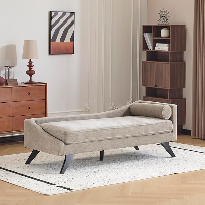 Christopher Knight Home Cagle Upholstered Loveseat Sofa with Splayed Legs, Birch Wood Frame Lounge Chair, Living Room Chaise Lounge Chair Indoor, Soft Lounge Sofa with Rolled Accent Pillow, Khaki