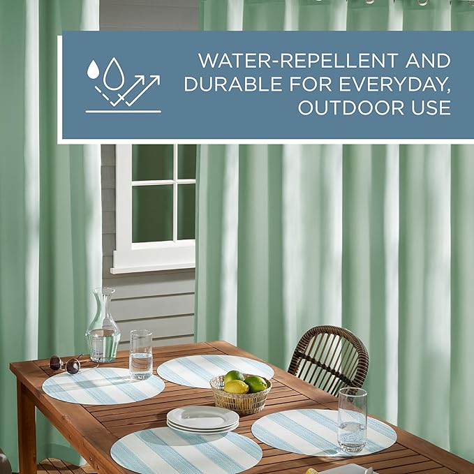 TOWN & COUNTRY BASICS Cabana Solid Heavyweight Indoor Outdoor Curtains, Light Filtering Opacity with Grommet Top, Water Repellent, 2-Pack Set, 54"x120", Seafoam