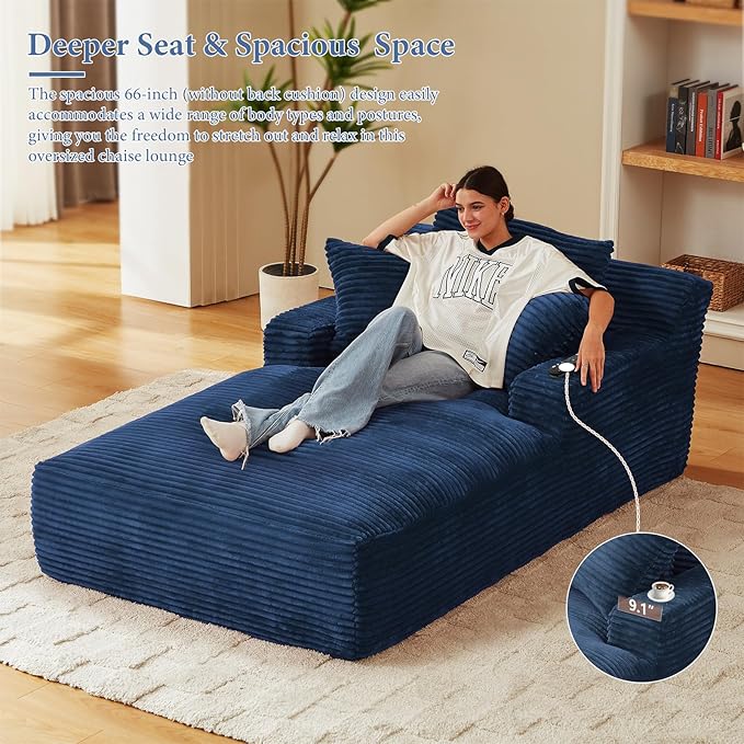 78.7" Chaise Lounge Chair Indoor, Oversized Boneless Couch Comfy Upholstered Sleeper Sofa Bed with 3 Pillows, Corduroy Cloud Reading Chair for Living Room No Assembly Required, Blue