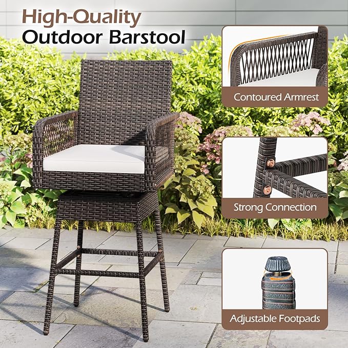 ORALNER Outdoor Wicker Swivel Bar Stools Set of 4, 29" Bar Height Patio Rattan Dining Chair with Armrests, Footrest & Seat Cushion, Metal Frame, for Backyard, Porch, Poolside, Deck (4, White)