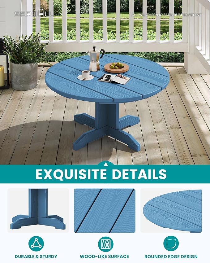 SERWALL 36'' Round Outdoor Coffee Table - HDPE Weatherproof Patio Table for Balcony, Garden, Backyard (Blue)