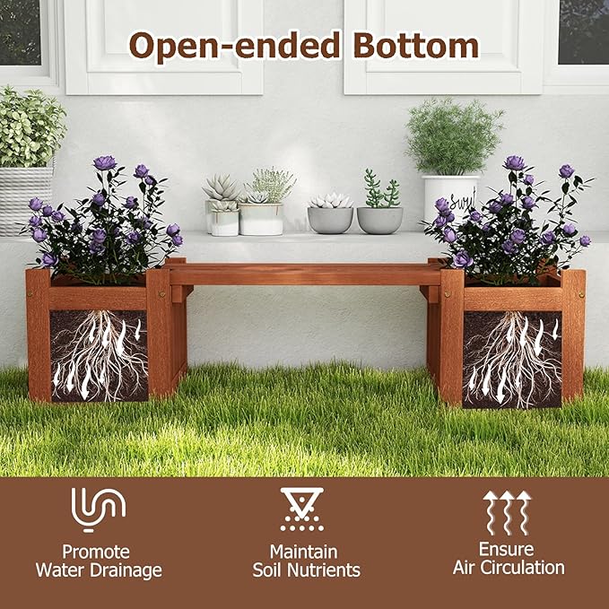 Giantex 2-in-1 Outdoor Bench with 2 Raised Garden Beds, Wood with Teak Oil Finish, Planter Boxes with Open-Ended Base, Garden Bench Seat for Porch Balcony Lawn Yard, DIY Assembly, 42"x11"x11.5"