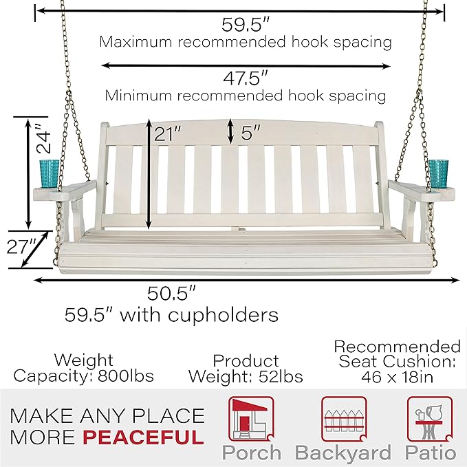 Amish Casual Heavy Duty 800 Lb Mission Treated Porch Swing with Hanging Chains and Cupholders (4 Foot, Semi-Solid White Stain)
