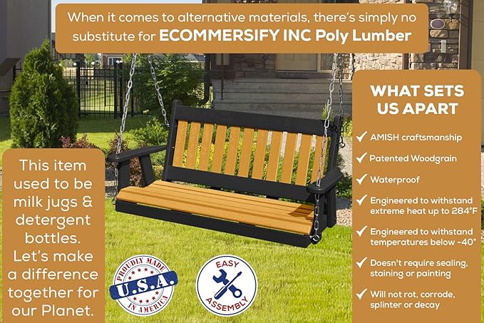 Mission Poly Lumber Wood 5FT Porch Swing Amish Craftsmandship Made in USA HDPE with No Wood fibers 1000 lbs Limit. Stainless Steel Hardware.Signature Design for Patio Outdoor Backyard Garden Park