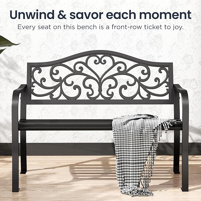 PHI VILLA 43 Inch Cast Iron Steel Frame Outdoor Garden Bench, Patio Furniture Chair Bench w/Floral Design Backrest, Slatted Seat for Park, Yard, Porch - Black