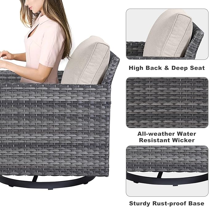 Belord Wicker Chairs Outdoor Bistro Set Oversize Patio Swivel Rocker, Rattan Outdoor Seating Set of 2 Swivel Glider Chairs Wicker Furniture for Porch Deck Backyard with Water-Resistant