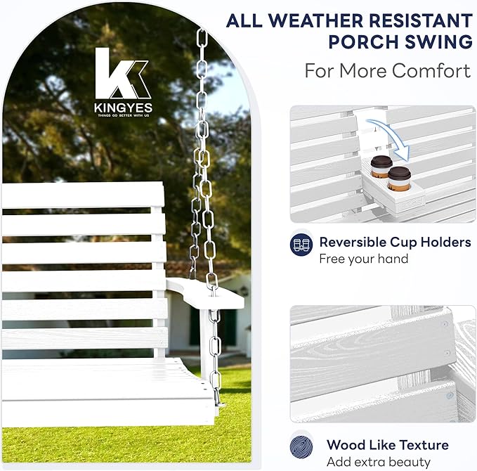 KINGYES Outdoor Hanging Porch Swing Set of 4, Waterproof Swing with Cup Holders for Courtyard & Garden, 660LBS Weight Capacity, White