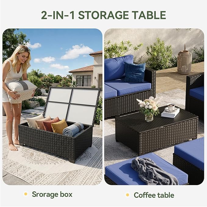 Aoxun 9 Piece Outdoor Patio Furniture Set 8 Seats, Outdoor Sectional with Thick Waterproof Cushions & Storage Coffee Table, Patio Conversation Sets for Garden,Backyard, Porch, Balcony, Deck, Blue