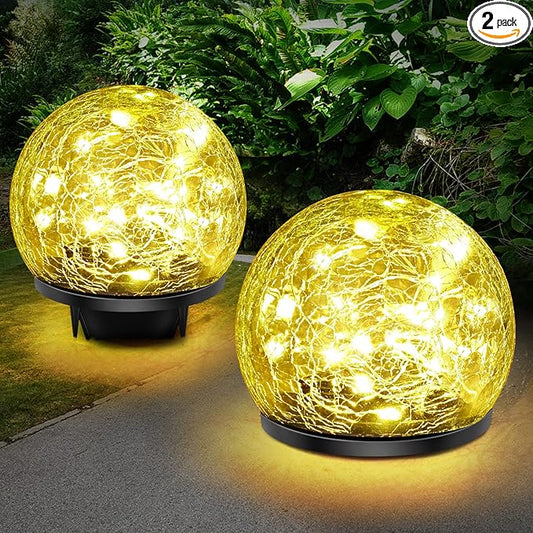 Solar Garden Lights, 2 Pack 60 LED Cracked Glass Solar Globe Lights Outdoor Decoration, Upgraded Waterproof Warm White LED Lights for Yard Pathway Patio Lawn Christmas Outside Decor, 4.73"