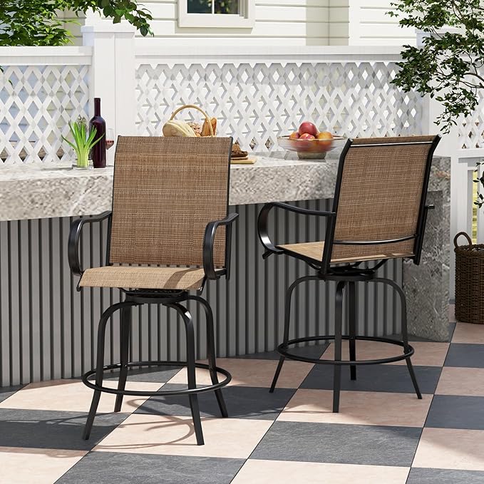 Giantex Set of 4 Swivel Outdoor Bar Stools, All-Weather Bar Height Patio Chairs, 330LBS Capacity, 360 Rotating Outside Bar Chairs with High Back Armrests, for Porch Yard Lawn Garden Pool (Brown)