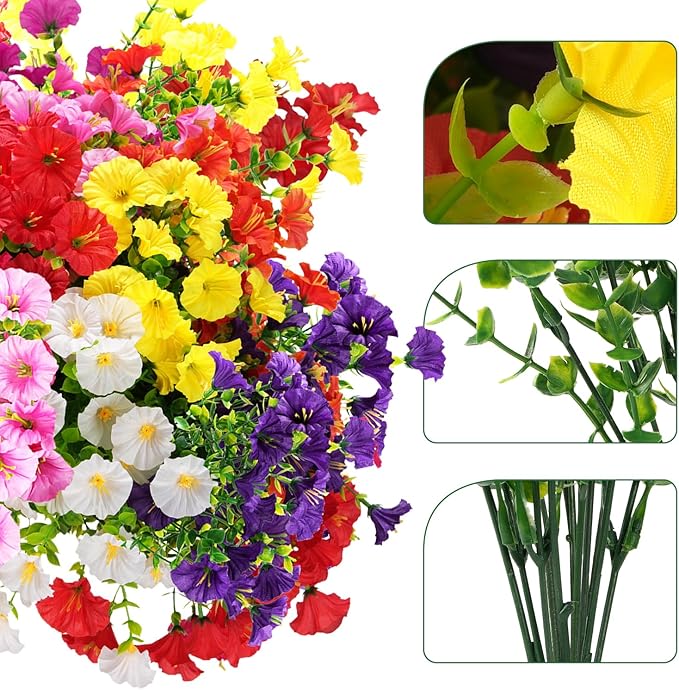 Artificial Flowers for Outdoors, UV Resistant Fake Silk Morning Glory, Realistic Faux Plants for Outside Porch Patio Window Box Hanging Planter (16, Purple White Yellow Pink Red)