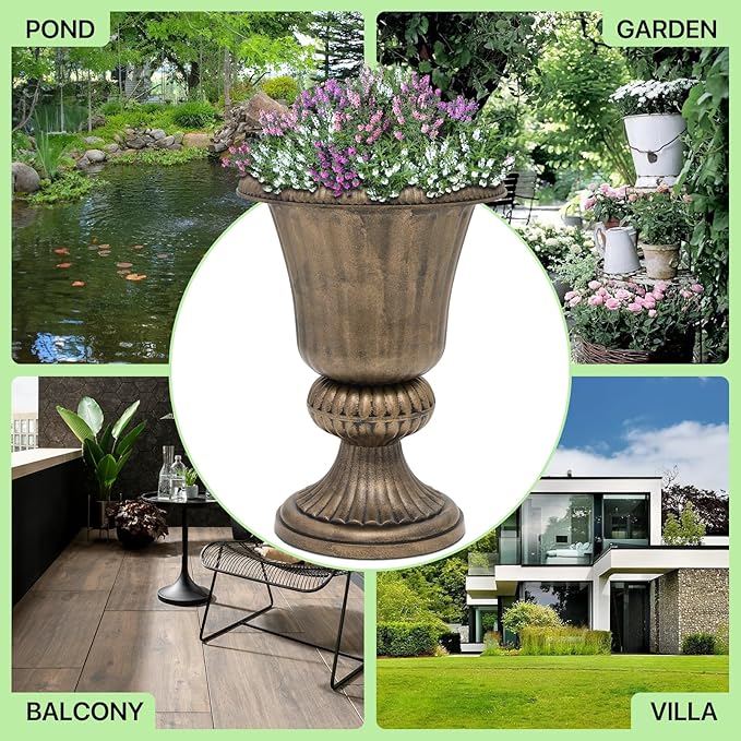 Magshion 20" Urn Planter for Outdoor and Indoor Plants, Large Decorative Front Porch Planter, Vintage Grecian Flower Pot for Patio, Garden & Entryway Décor, Antique Brass
