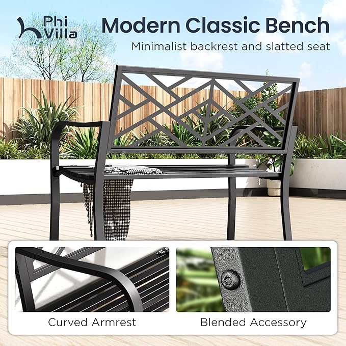 PHI VILLA 43 Inch Cast Iron Steel Frame Outdoor Garden Bench, Patio Furniture Chair Bench w/Line Pattern Design Backrest, Slatted Seat for Park, Yard, Porch - Black