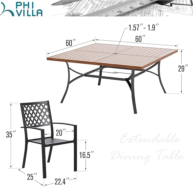 PHI VILLA 9 Pieces Outdoor Dining Set for 8, 60" Brown Square Metal Table with Umbrella Hole & Stackable Black Wrought Iron Chairs, Large Outside Furniture Set for Patio, Deck, Yard, Porch