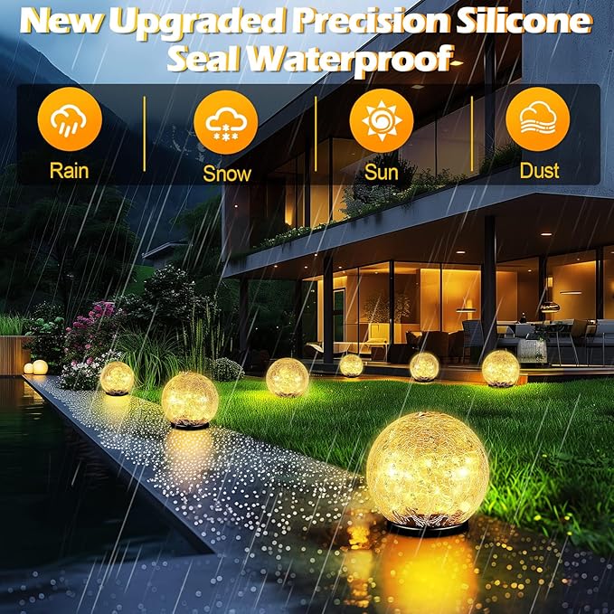Coroor Garden Solar Ball Lights Outdoor Waterproof, 50 LED Cracked Glass Globe Solar Power Ground Lights for Path Yard Patio Lawn, Christmas Decoration Landscape Warm White(2 Pack 4.7'')