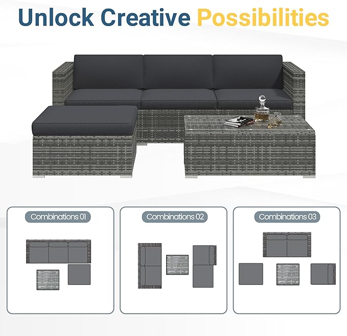 Wisteria Lane 5 Piece Outdoor Patio Furniture Set, All Weather Wicker Rattan Sectional Sofa Conversation Set with Cushions & Large Glass Coffee Table, Ideal for Garden Backyard Porch Balcony, Grey