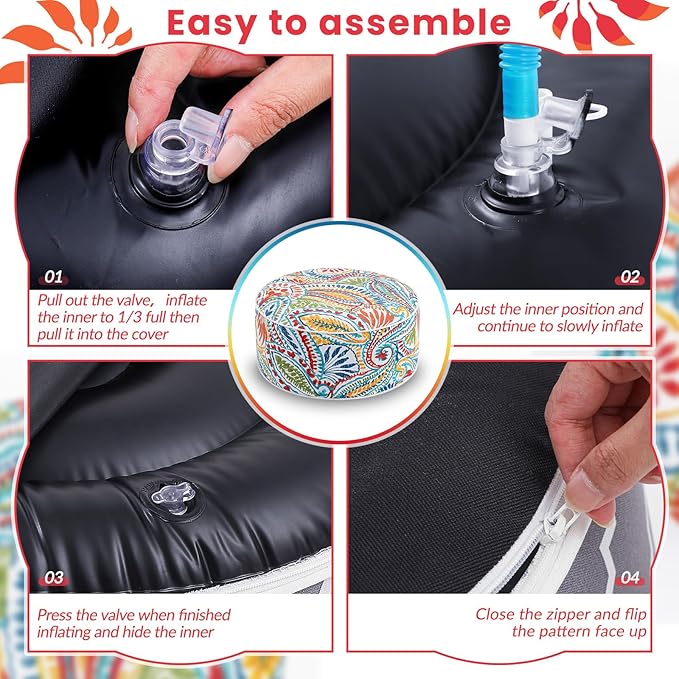 Juexica 2 Pack Outdoor/Indoor Inflatable Ottoman 21 x 9 Inch Paisley All Weather Round Footrest Stool with Handle Water Repellent Portable Footstool Pouf for Patio Garden Camping Home Deck Travel