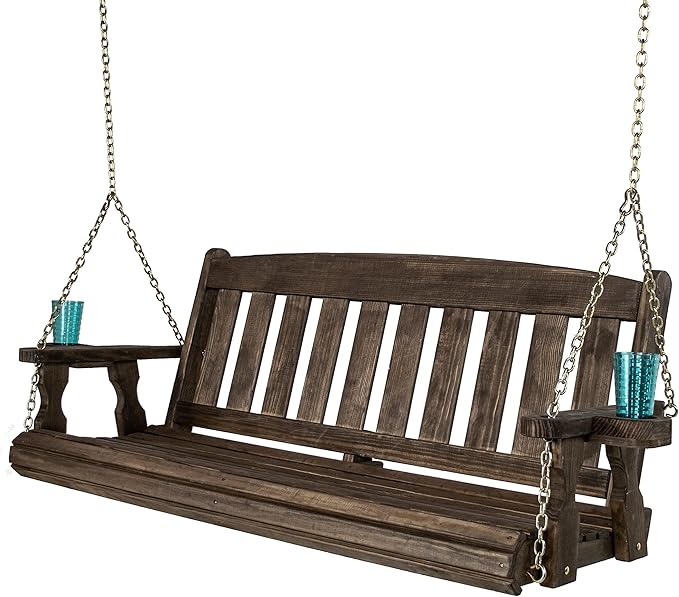 Amish Casual Heavy Duty 800 Lb Mission Treated Porch Swing with Hanging Chains and Cupholders (5 Foot, Dark Walnut Stain)