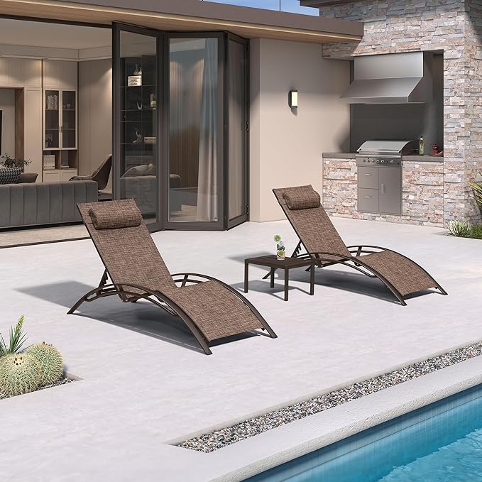 PURPLE LEAF Outdoor Chaise Lounge Chair Set of 3 Patio Pool Lounger Bronze Aluminum Chairs with Side Table Adjustable Tanning Recliner for Outside Backyard Yard Deck Balcony Beach Brown