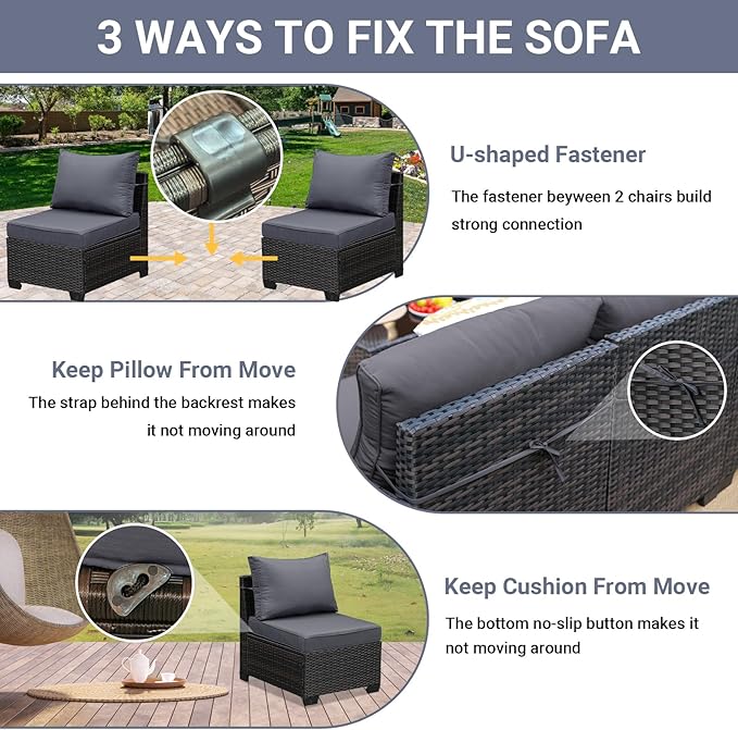 Jing's Villa 6-Piece Patio Furniture Set, All-Weather Outdoor Wicker Sectional Sofa with Cushions, Glass Table & Left and Right Armrest, Rattan Conversation Seating for Porch, Garden, Backyard,Grey