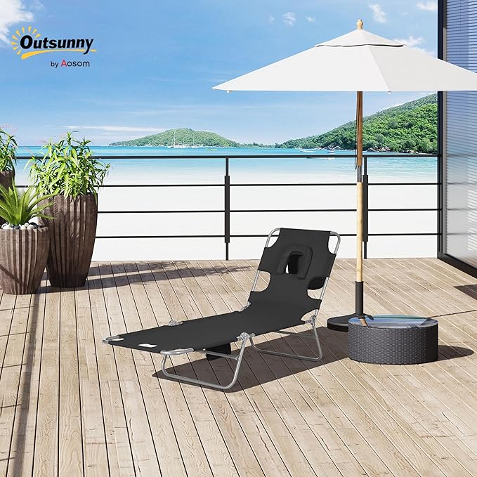 Outsunny Chaise Lounge Chair Outdoor with Face Arm Hole, 5-Position Reclining Face Down Tanning Chair with Carry Strap, Side Pocket, Portable Folding Bed Cot for Patio Beach Pool, Black
