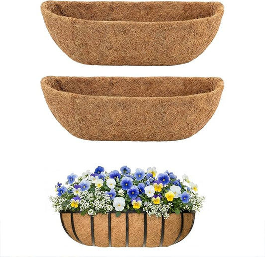 2 Pcs 24 Inch Trough Coco Liner for Window Box, 100% Natural Half Moon Coconut Coir Planter, Replaceable Coconut Fiber Liner for Window Boxes & Fence Flower Baskets (2, 24 inch)