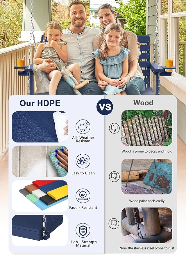 Plawdlik Porch Swings,2 Seat Patio Chair with Two Cup Holders,HDPE Waterproof Bench for Courtyard-Navy Blue