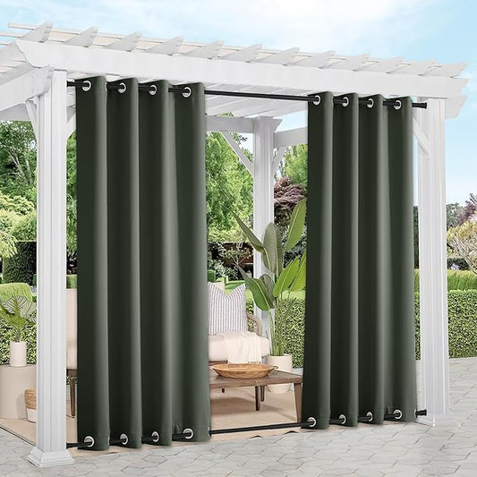 NICETOWN 2 Panels Long Outdoor Curtains Waterproof 108 inch Length for Patio, Windproof Thermal Insulated Rustproof Top and Bottom Grommet Blackout Outdoor Drapes for Porch, W52 x L108