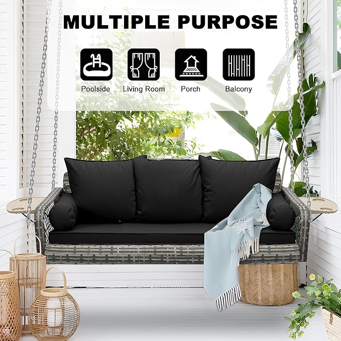 Outdoor Wicker Patio Porch Swing - 3 Person Swing Outdoor Hanging Porch Swing Seat Bench with Chains for Yard, Deck, Garden (Grey Rattan Black Cushion)