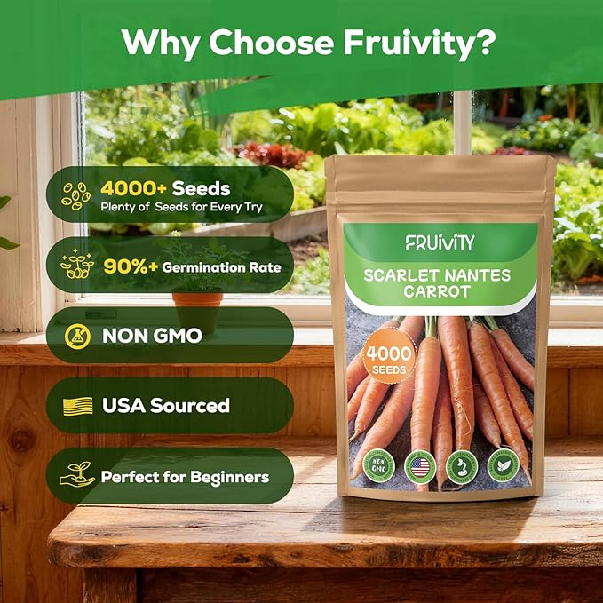 Scarlet Nante Fruivity Carrot Seeds for Planting - 4000+ Non-GMO Heirloom Carrot Seeds, Organic, USA Grown, for Home Garden, Raised Bed & Outdoor Planting