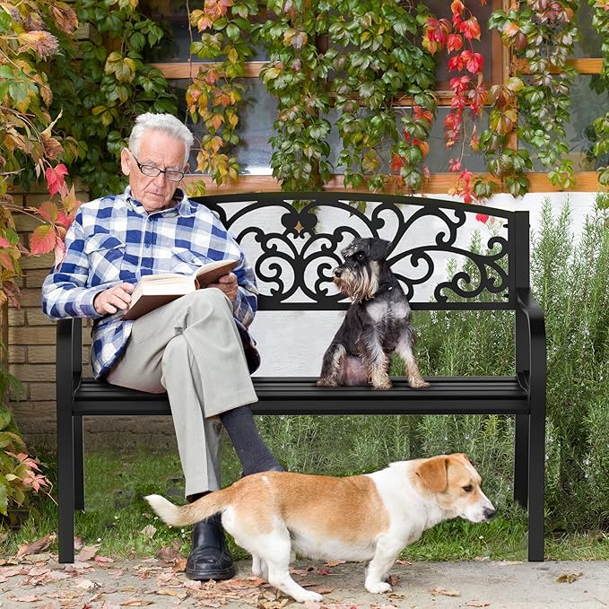 VINGLI Outdoor Bench for Patio Metal Garden Bench w/PVC Back Pattern, Black Park Benches Front Porch Benches for Yard Lawn Decor Deck Entryway (Black-Floral)