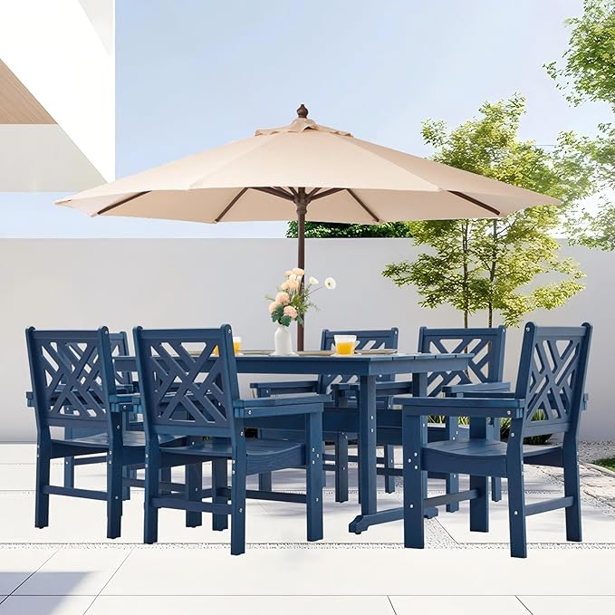 HDPE Dining Table Set for 6,7-Piece Outdoor Table and Chairs Include 6 Dining Chairs and 62.5" Patio Dining Table with Umbrella Hole (Blue)