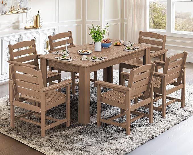 SERWALL Patio Dining Sets for 8, Outdoor Dining Sets for 8 Person with 2 Umbrella Hole Cut-Out Rectangular Tables and 8 Chairs, HDPE Dining Sets for Garden, Backyard, Poolside, Brown