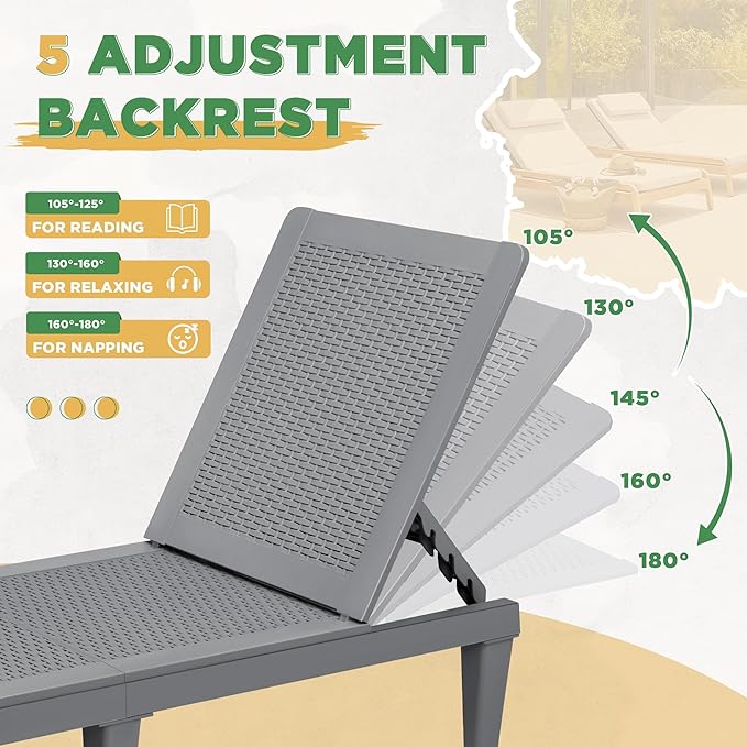 Greesum Outdoor Chaise Lounge Chairs Set of 2 with 5-Position Adjustable Backrest, Waterproof PP Sun Chaise Loungers for Garden Pool Beach Patio Deck Sunbathing, Grey