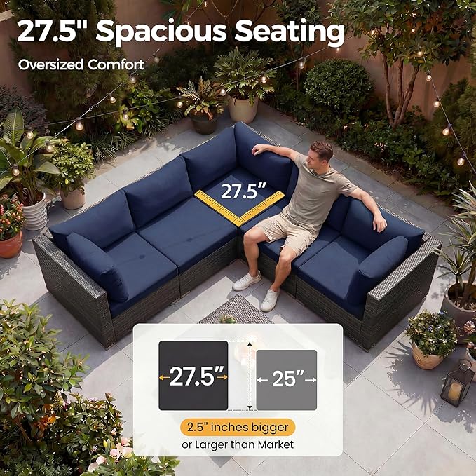 NICESOUL 13 Piece Patio Furniture with Fire Pit, Heavy Duty Wicker Outdoor Sectional with Firepit Table & Chaise Lounge, Big Large Sectional 10-Seats w/Firepit Propane/Natural Gas, Gray & Navy Blue
