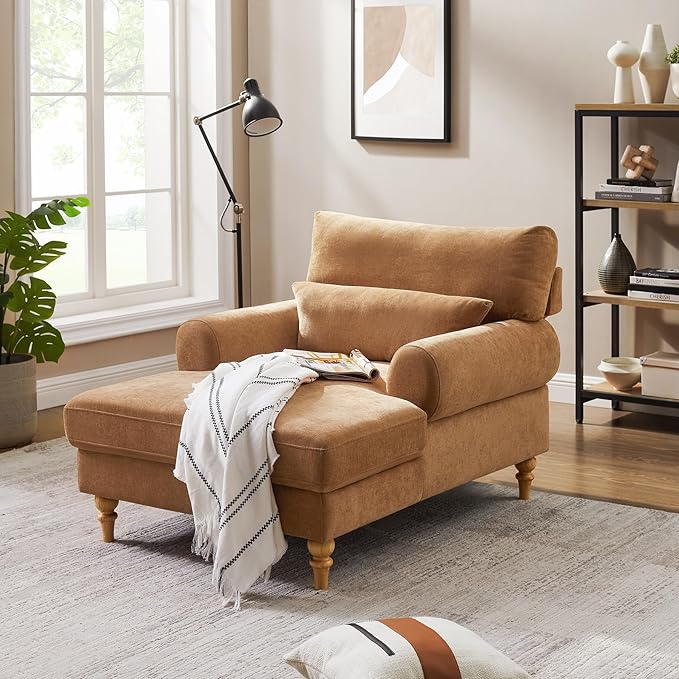 Modern Chaise Lounge Chair with Adjustable Backrest, Upholstered Indoor Leisure Sofa Recliner, Oversized Accent Chair Deep Seat Reading Armchair for Living Room, Bedroom, Office, Light Curry