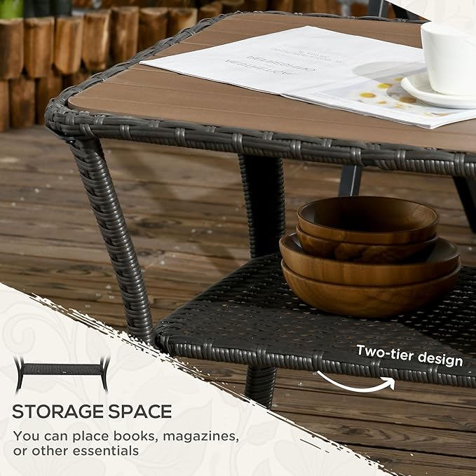 Outsunny PE Rattan Outdoor Coffee Table with Storage, 2-Layer Wicker Side Table, Patio Storage Table with Wood-Plastic Composite Top for Garden, Porch, Backyard, Mixed Brown