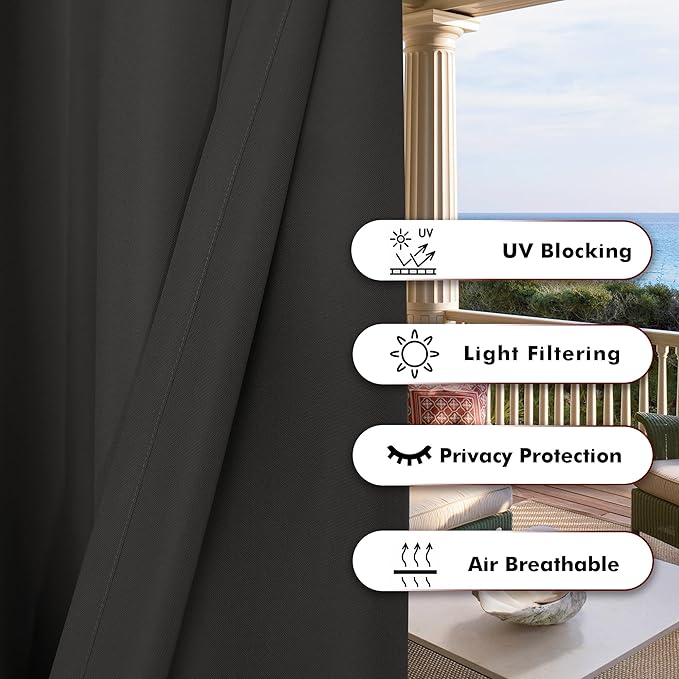 BONZER Wide Waterproof Outdoor Curtains for Patio Heavy Privacy Light Filtering Grommet Outside Curtains for Porch, Pergola, Gazebo, 1 Panel, 110W x 84L inch, Charcoal