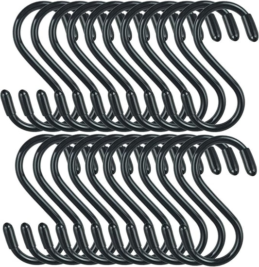 30 Pack Vinyl Coated Heavy Duty S Hooks for Hanging Plants, Clothes, Non Slip Steel Metal Black Rubber Coated Closet S Hooks for Hanging Jeans, Jewelry, Pot, Pan