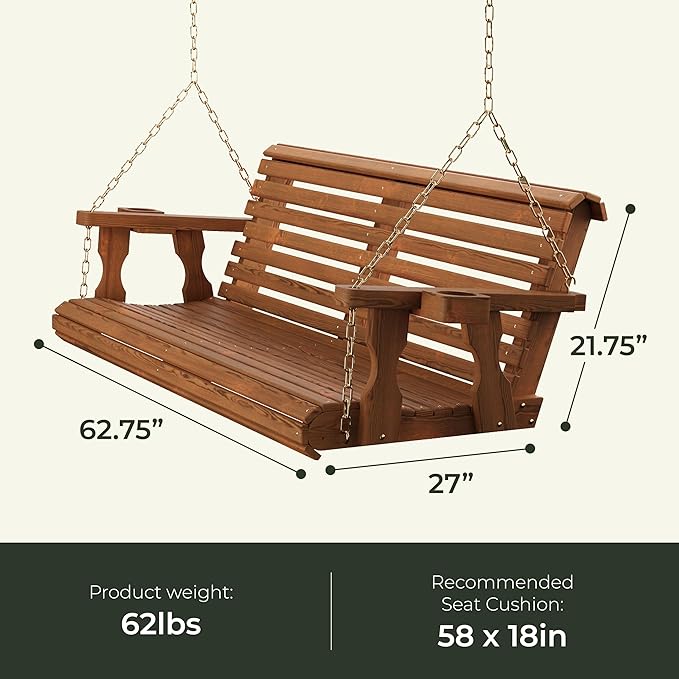Amish Casual 3 Foot Roll Back Porch Swing with Cup Holders in Semi-Solid Gray Stain - Amish Made in The USA from Treated Pine Heavy Duty 700 Lb. Weight Capacity
