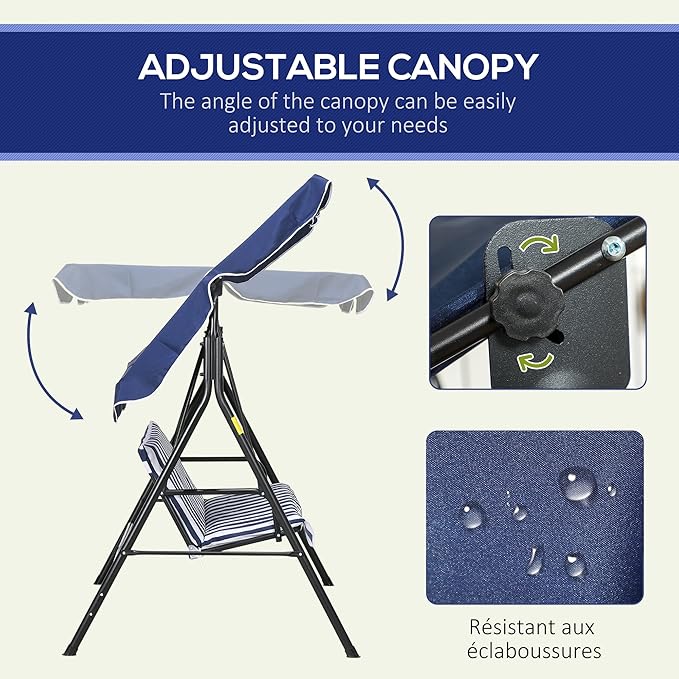 Outsunny 3-Seat Outdoor Patio Swing Chair with Removable Cushion, Steel Frame Stand and Adjustable Tilt Canopy for Patio, Garden, Poolside, Balcony, Backyard, Dark Blue