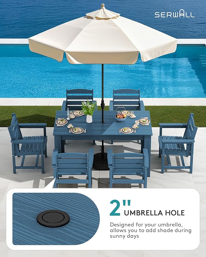 SERWALL Patio Dining Sets for 8, Outdoor Dining Sets for 8 Person with 2 Umbrella Hole Cut-Out Rectangular Tables and 8 Chairs, HDPE Dining Sets for Garden, Backyard, Poolside, Blue